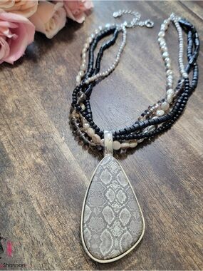 Premier Neutral Snake-Print Teardrop Pendant Multi-Strand Necklace